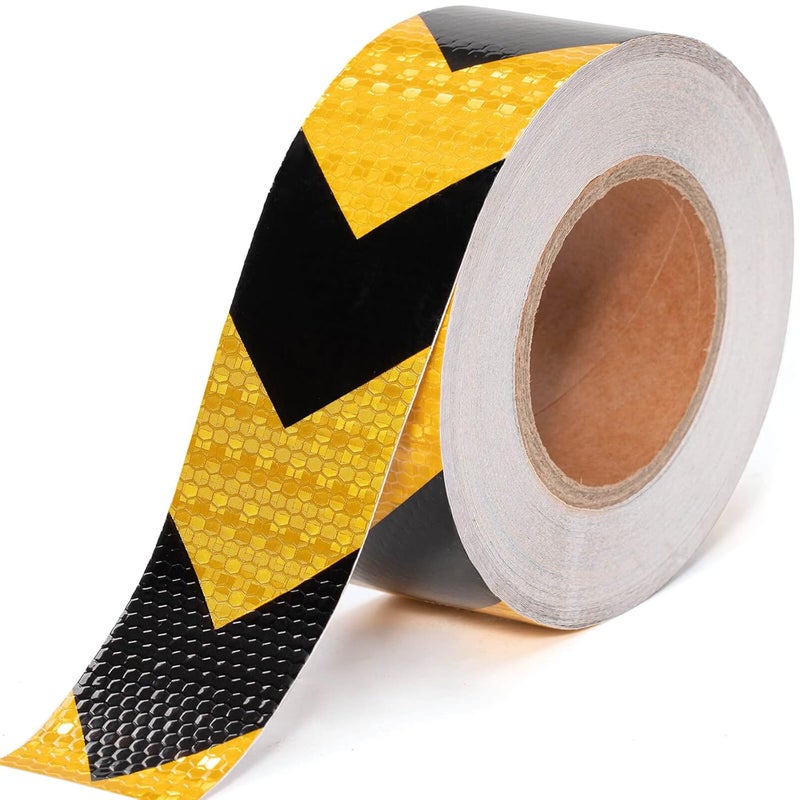 THKULKME 2 Inch X 100 Feet Black Yellow Arrow Reflective Hazard Safety Warning Caution Tape, Reflector Industrial Marking Tape for Trailers Vehicles Stairs Steps Floor Boats Outdoor Waterproof - Image 1